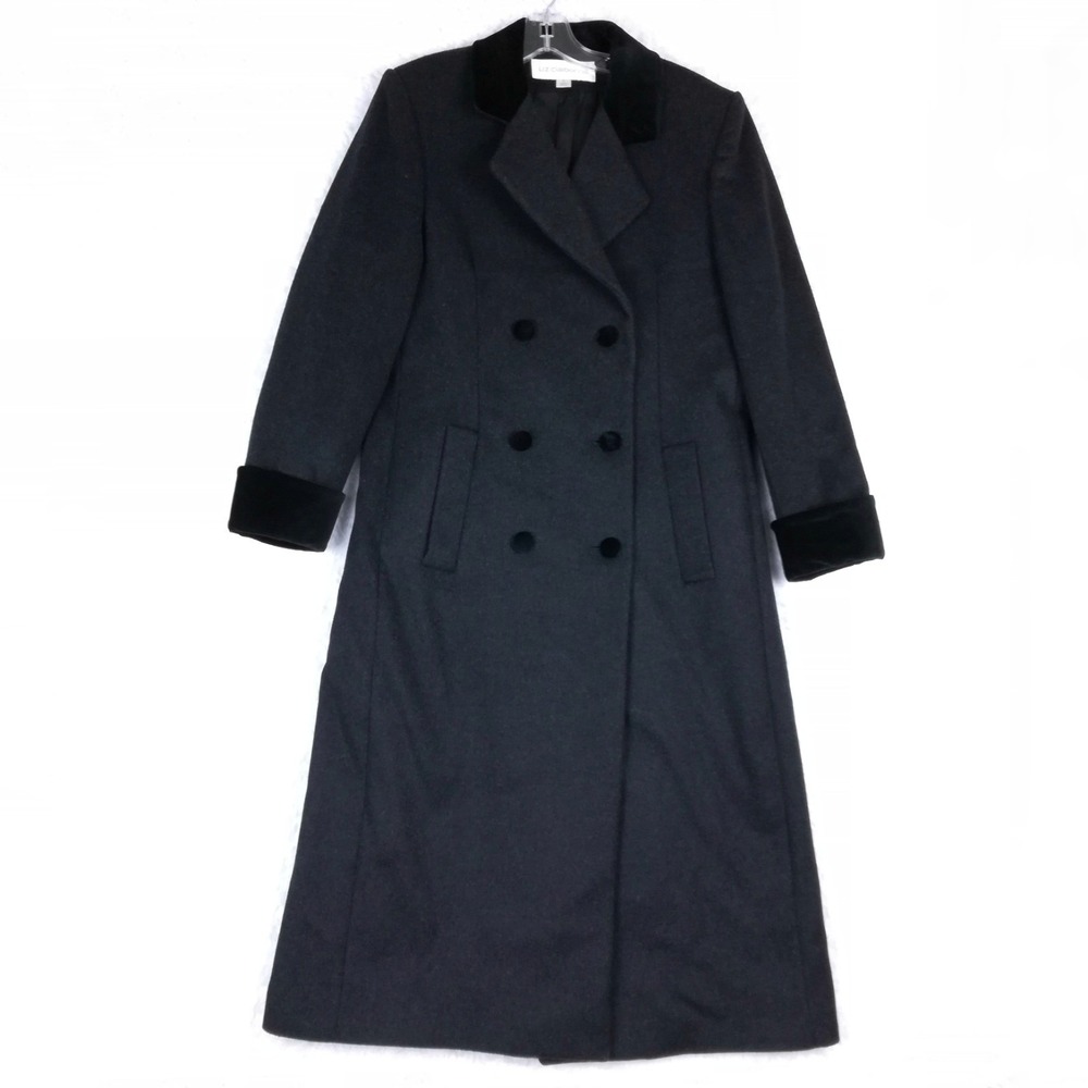 Liz Claiborne Womens Wool‎ Trench Coat Black Velvet Collar Double Breasted 8